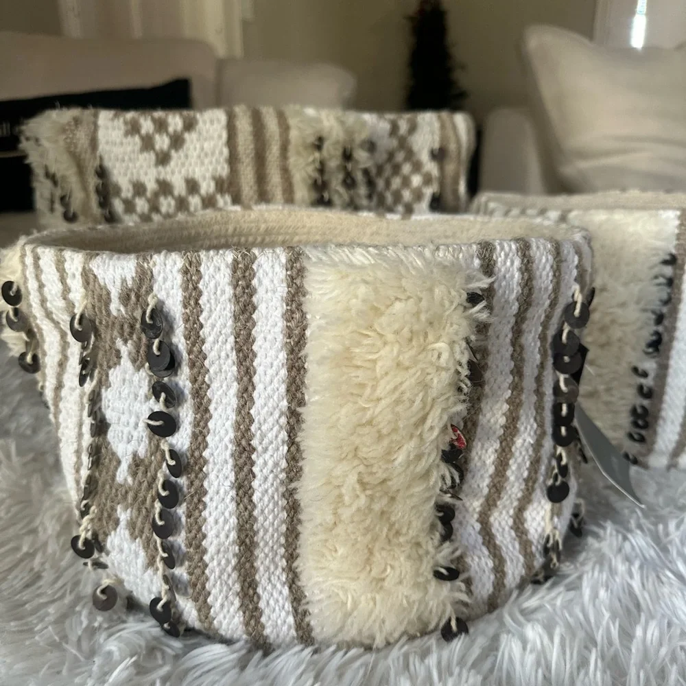 RH TEEN Moroccan Embellished Storage Basket Set Natural Size: 1 Med 2 Small